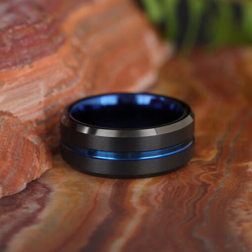 Electric Midnight – Men's Blue Accent Tungsten Ring - Image 4