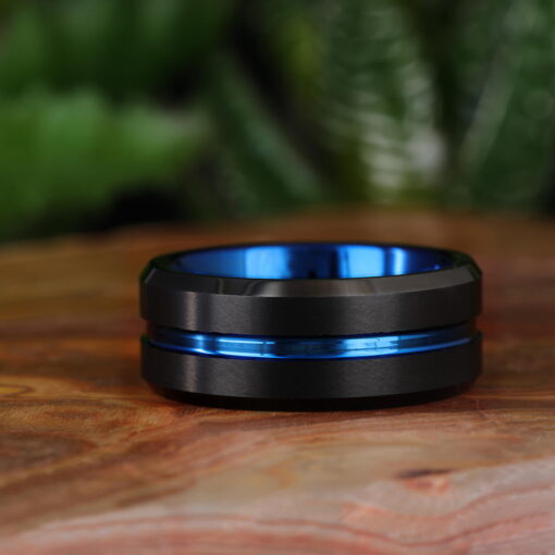 Electric Midnight – Men's Blue Accent Tungsten Ring - Image 5