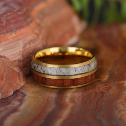 Two Tone Golden Wood Grain – Men's Wood Inlay Tungsten Ring - Image 4
