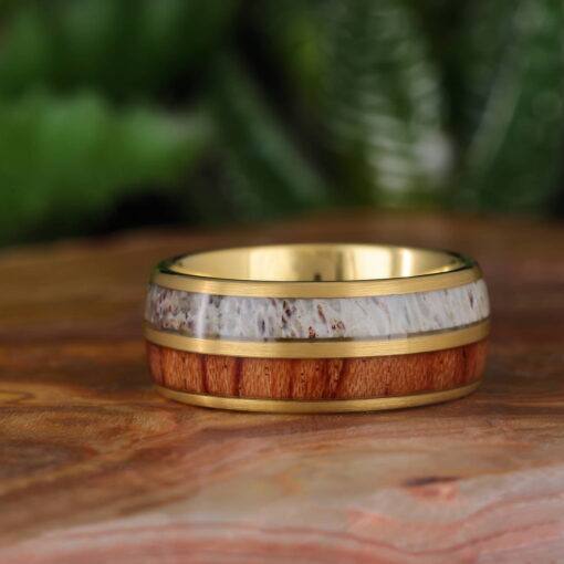 Two Tone Golden Wood Grain – Men's Wood Inlay Tungsten Ring - Image 5