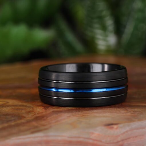 Electric Midnight – Men's Blue Accent Tungsten Ring - Image 5