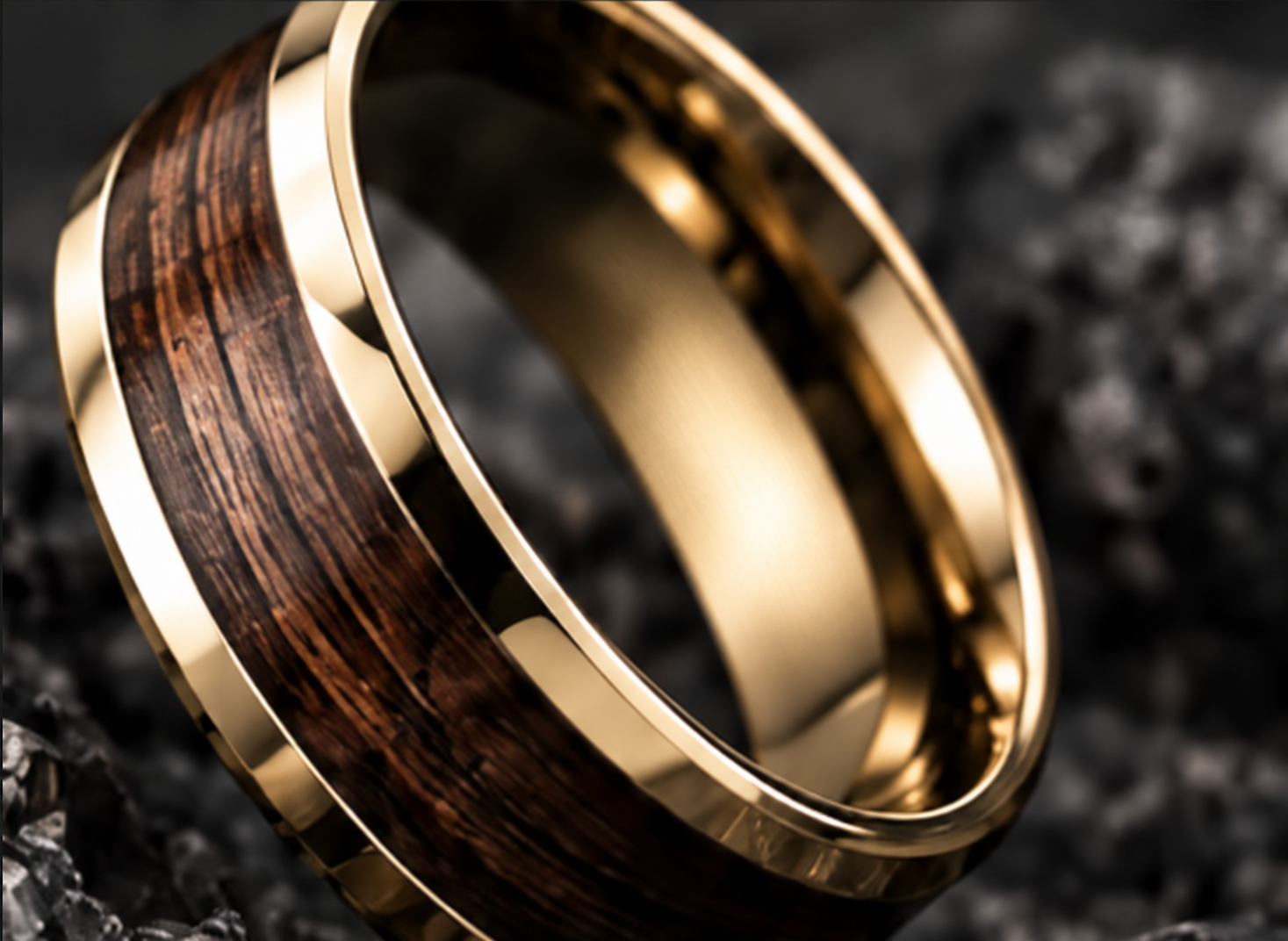 Gold-tone wood-inlay ring with a polished inner band