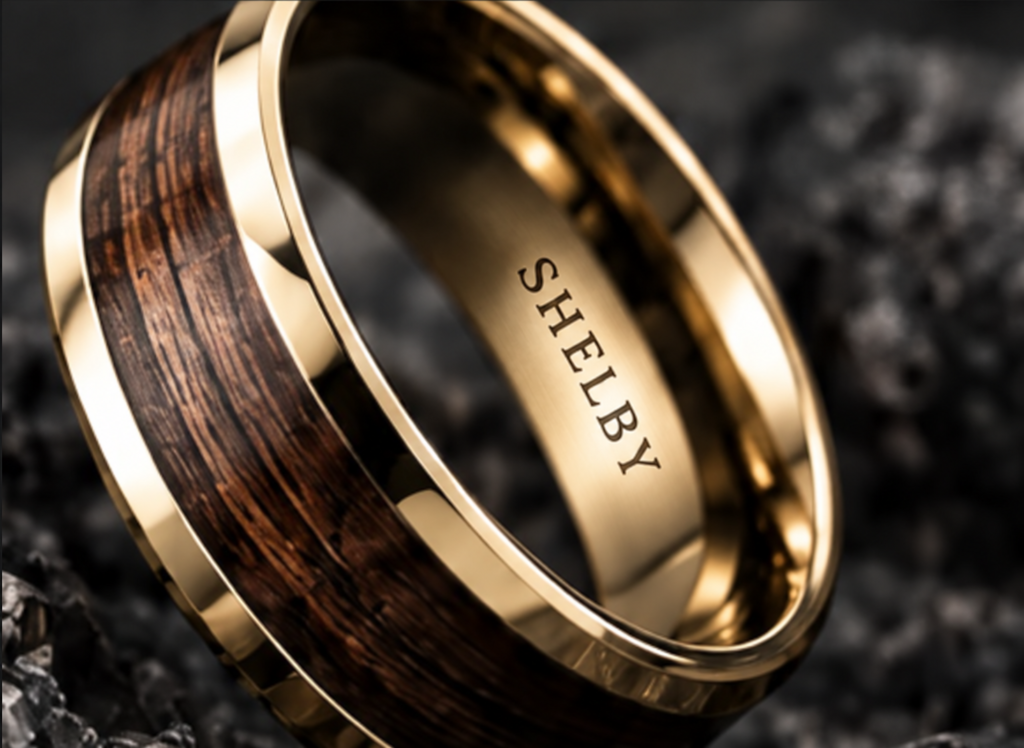 Gold-tone wood-inlay ring with crisp Shelby engraving on its inner band