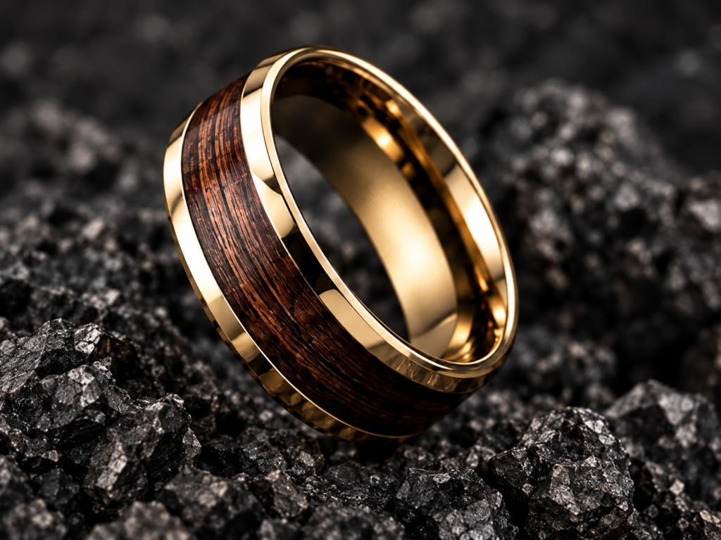 Gold-tone wood-inlay ring with a polished inner band